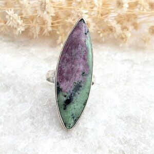 XL Natural Ruby Zoisite Cabochon Gemstone Milgrain Vintage Ring - sz 12.5